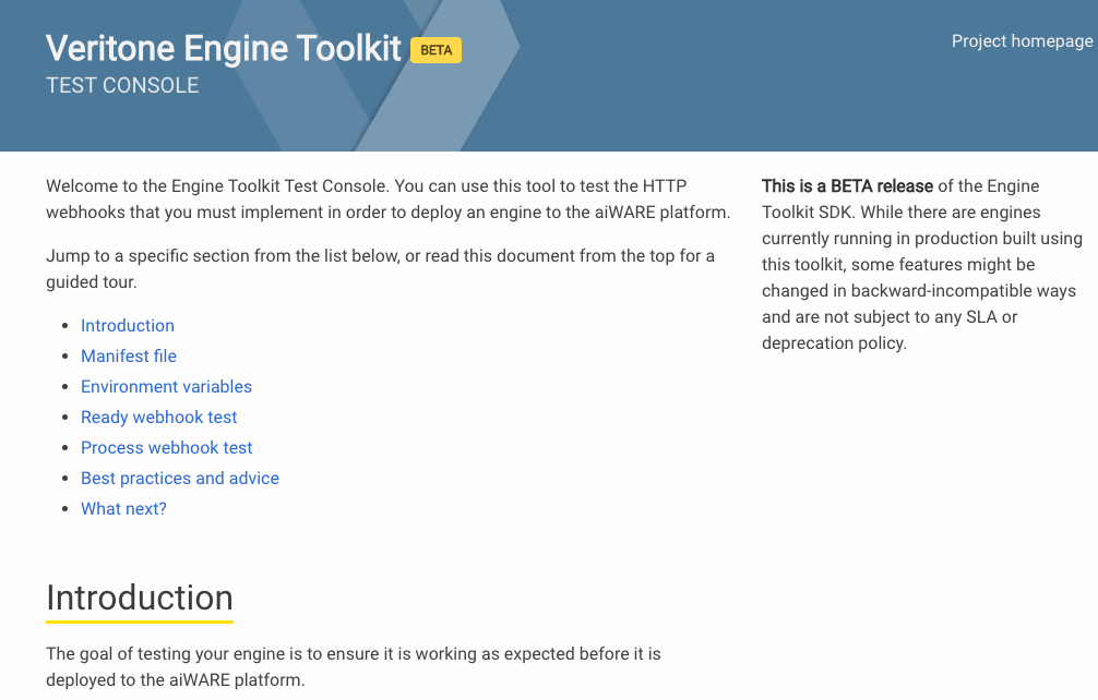 Test console home page