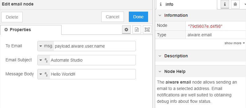 email node Properties